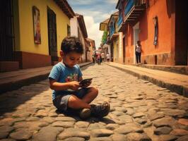 Kind von Kolumbien mit Smartphone zum spielen Spiele ai generativ foto