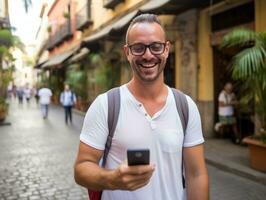 Mann von Kolumbien mit Smartphone zum online Kommunikation ai generativ foto