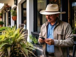 Mann von Kolumbien mit Smartphone zum online Kommunikation ai generativ foto