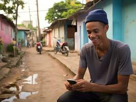 Mann von Kolumbien mit Smartphone zum online Kommunikation ai generativ foto