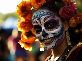 Frau im beschwingt Calavera bilden feiert das Tag von tot ai generativ foto