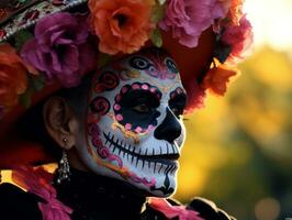 Frau im beschwingt Calavera bilden feiert das Tag von tot ai generativ foto