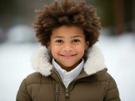 afrikanisch amerikanisch Kind genießt das Winter schneebedeckt Tag im spielerisch emotional dynamisch Pose ai generativ foto