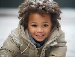 afrikanisch amerikanisch Kind genießt das Winter schneebedeckt Tag im spielerisch emotional dynamisch Pose ai generativ foto