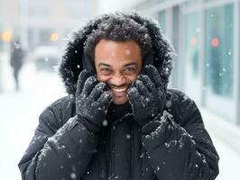 afrikanisch amerikanisch Mann genießt das Winter schneebedeckt Tag im spielerisch emotional dynamisch Pose ai generativ foto