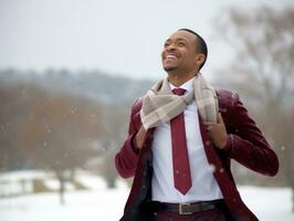 afrikanisch amerikanisch Mann genießt das Winter schneebedeckt Tag im spielerisch emotional dynamisch Pose ai generativ foto