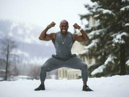 afrikanisch amerikanisch Mann genießt das Winter schneebedeckt Tag im spielerisch emotional dynamisch Pose ai generativ foto