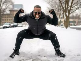 afrikanisch amerikanisch Mann genießt das Winter schneebedeckt Tag im spielerisch emotional dynamisch Pose ai generativ foto