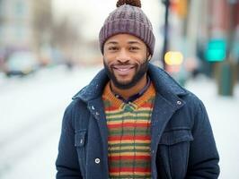 afrikanisch amerikanisch Mann genießt das Winter schneebedeckt Tag im spielerisch emotional dynamisch Pose ai generativ foto