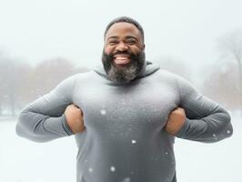 afrikanisch amerikanisch Mann genießt das Winter schneebedeckt Tag im spielerisch emotional dynamisch Pose ai generativ foto