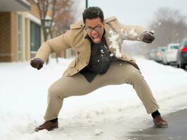 afrikanisch amerikanisch Mann genießt das Winter schneebedeckt Tag im spielerisch emotional dynamisch Pose ai generativ foto