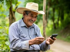 alt Mann von Kolumbien mit ein Smartphone zum online Kommunikation ai generativ foto