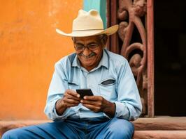 alt Mann von Kolumbien mit ein Smartphone zum online Kommunikation ai generativ foto
