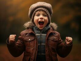 europäisch Kind im spielerisch emotional dynamisch Pose auf Herbst Hintergrund ai generativ foto