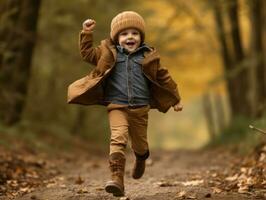 europäisch Kind im spielerisch emotional dynamisch Pose auf Herbst Hintergrund ai generativ foto