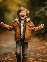 europäisch Kind im spielerisch emotional dynamisch Pose auf Herbst Hintergrund ai generativ foto