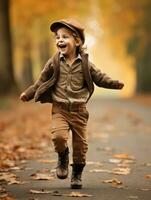 europäisch Kind im spielerisch emotional dynamisch Pose auf Herbst Hintergrund ai generativ foto