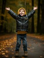 europäisch Kind im spielerisch emotional dynamisch Pose auf Herbst Hintergrund ai generativ foto