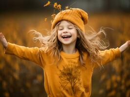 europäisch Kind im spielerisch emotional dynamisch Pose auf Herbst Hintergrund ai generativ foto