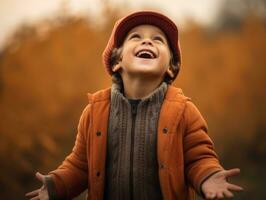 europäisch Kind im spielerisch emotional dynamisch Pose auf Herbst Hintergrund ai generativ foto