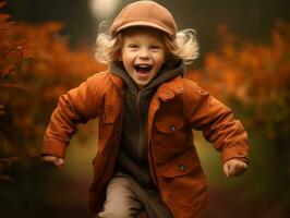 europäisch Kind im spielerisch emotional dynamisch Pose auf Herbst Hintergrund ai generativ foto