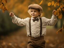 europäisch Kind im spielerisch emotional dynamisch Pose auf Herbst Hintergrund ai generativ foto