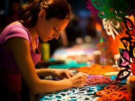 Frauen erstellen papel Picado bunt Papier Dekorationen ai generativ foto