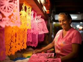 Frauen erstellen papel Picado bunt Papier Dekorationen ai generativ foto