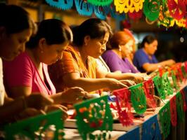 Frauen erstellen papel Picado bunt Papier Dekorationen ai generativ foto