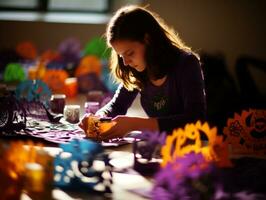 Frauen erstellen papel Picado bunt Papier Dekorationen ai generativ foto