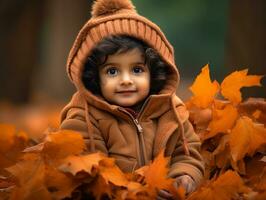 indisch Kind im spielerisch emotional dynamisch Pose auf Herbst Hintergrund ai generativ foto