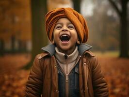 indisch Kind im spielerisch emotional dynamisch Pose auf Herbst Hintergrund ai generativ foto