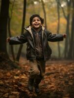 indisch Kind im spielerisch emotional dynamisch Pose auf Herbst Hintergrund ai generativ foto