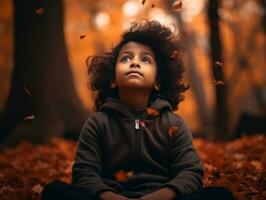 indisch Kind im spielerisch emotional dynamisch Pose auf Herbst Hintergrund ai generativ foto