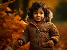 indisch Kind im spielerisch emotional dynamisch Pose auf Herbst Hintergrund ai generativ foto