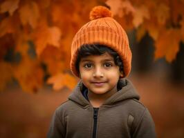 indisch Kind im spielerisch emotional dynamisch Pose auf Herbst Hintergrund ai generativ foto