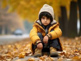 indisch Kind im spielerisch emotional dynamisch Pose auf Herbst Hintergrund ai generativ foto