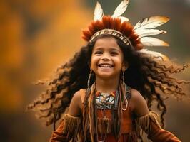 indisch Kind im spielerisch emotional dynamisch Pose auf Herbst Hintergrund ai generativ foto