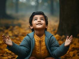 indisch Kind im spielerisch emotional dynamisch Pose auf Herbst Hintergrund ai generativ foto