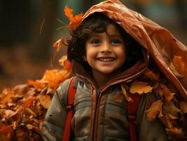 indisch Kind im spielerisch emotional dynamisch Pose auf Herbst Hintergrund ai generativ foto