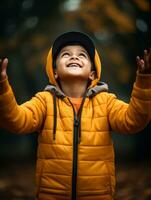 indisch Kind im spielerisch emotional dynamisch Pose auf Herbst Hintergrund ai generativ foto