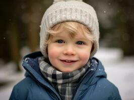 Kind genießt das Winter schneebedeckt Tag im spielerisch Pose ai generativ foto