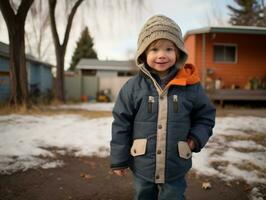 Kind genießt das Winter schneebedeckt Tag im spielerisch Pose ai generativ foto
