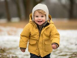 Kind genießt das Winter schneebedeckt Tag im spielerisch Pose ai generativ foto