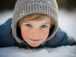 Kind genießt das Winter schneebedeckt Tag im spielerisch Pose ai generativ foto