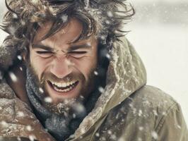 Mann genießt das Winter schneebedeckt Tag im spielerisch Pose ai generativ foto