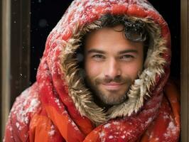 Mann genießt das Winter schneebedeckt Tag im spielerisch Pose ai generativ foto