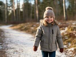 Kind genießt ein gemächlich gehen im ein Winter Tag ai generativ foto