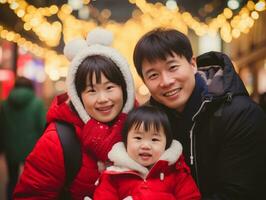 asiatisch Familie genießt feiern Weihnachten Vorabend zusammen ai generativ foto