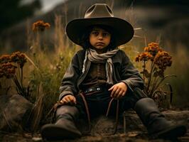Mexikaner Kind im emotional dynamisch Pose auf Herbst Hintergrund ai generativ foto